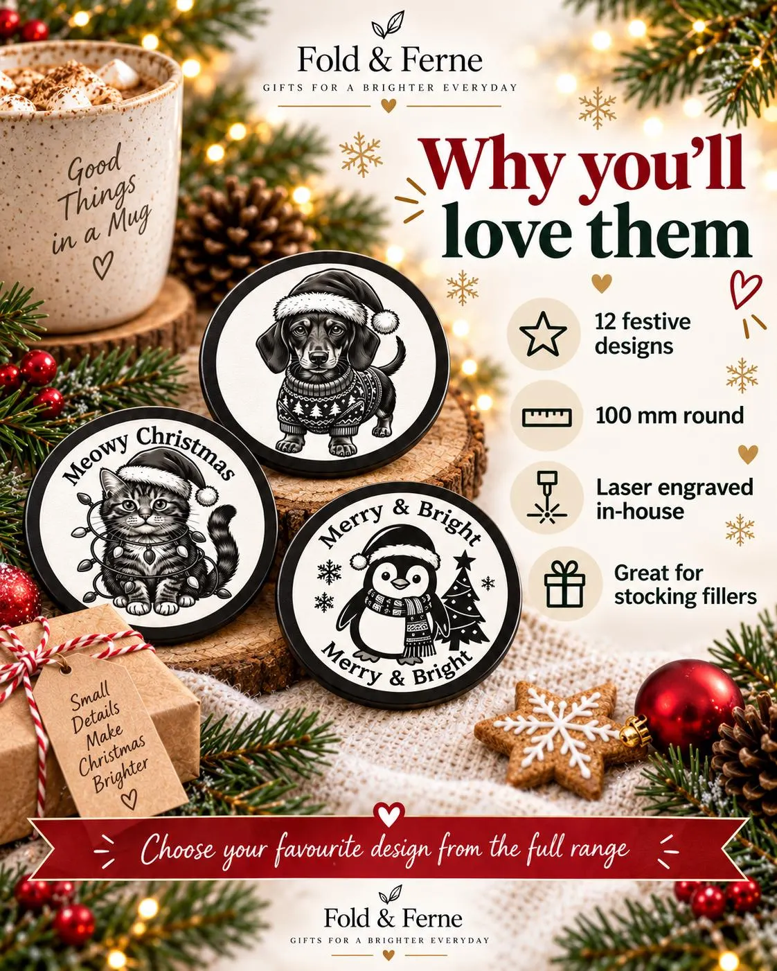 Christmas Wooden Coaster – 100 mm Laser Engraved Festive Design