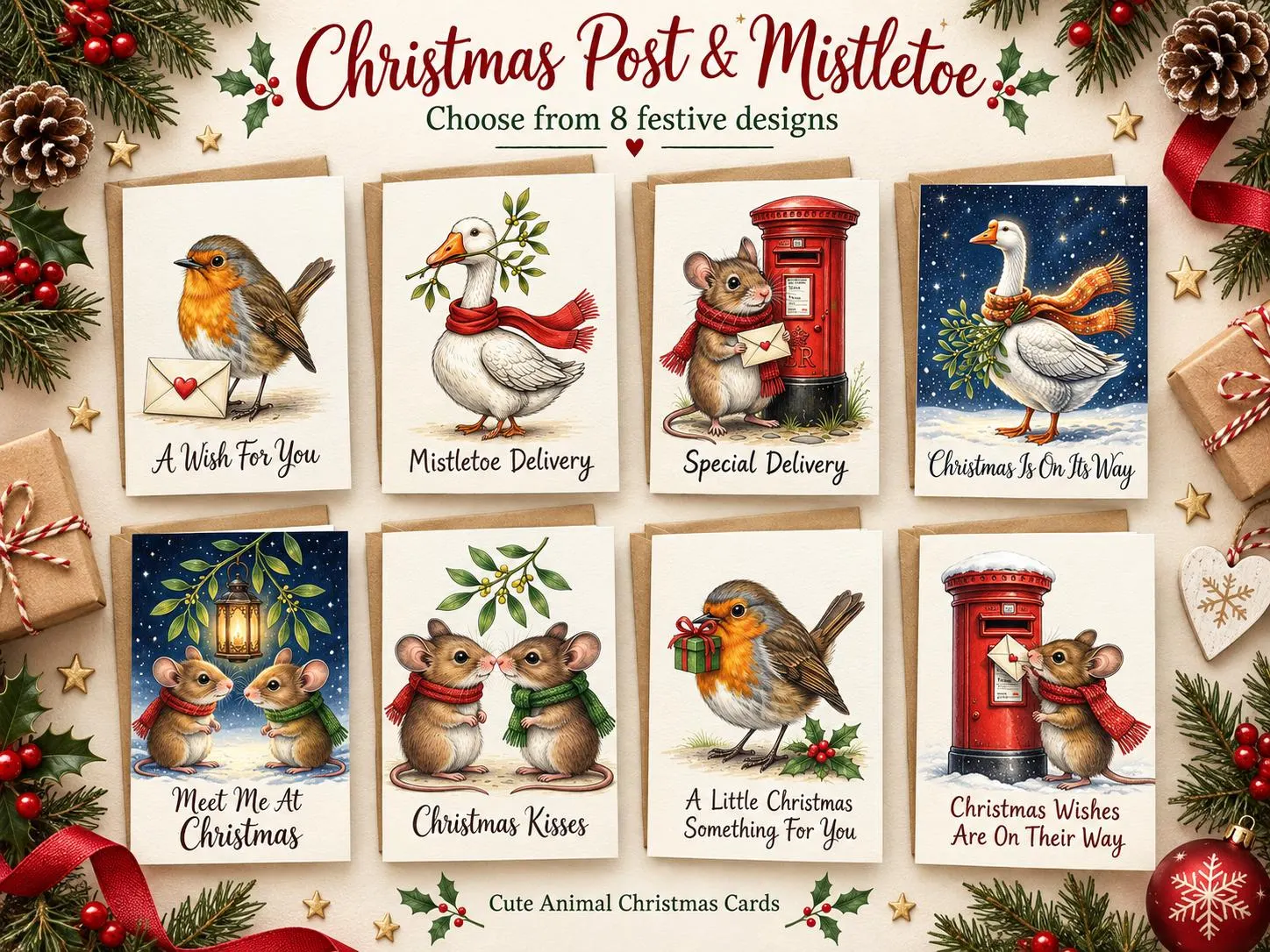 Christmas Post & Mistletoe Cards, Robin, Mouse, Goose Designs (8 Options)