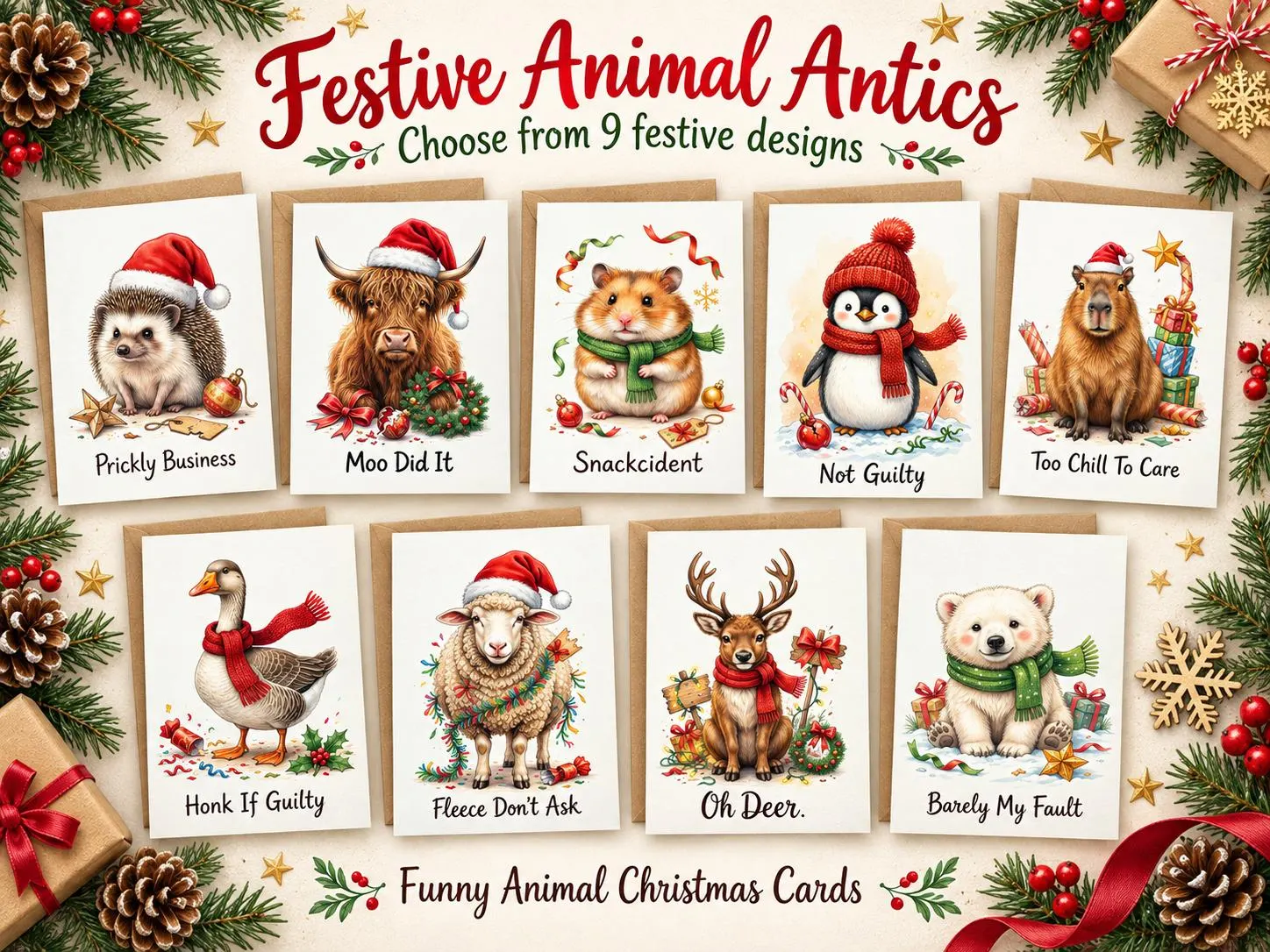 Funny Animal Christmas Cards – Festive Goose, Penguin, Capybara Designs (9 Options)