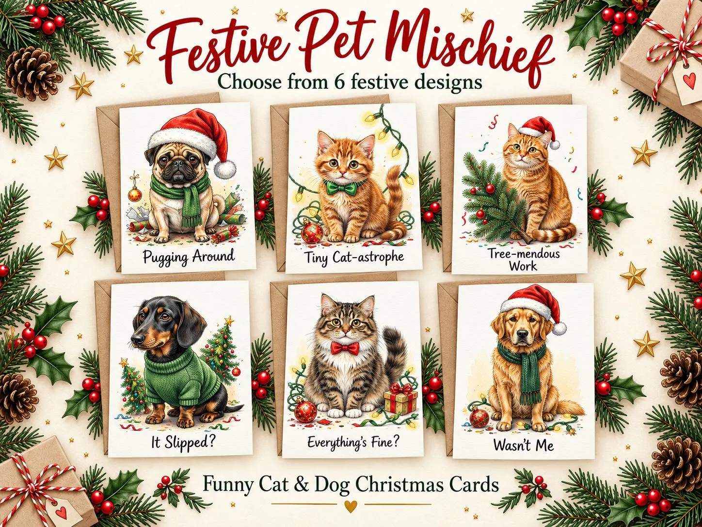 Festive Pet Mischief Christmas Cards – Funny Cat & Dog Artwork (Choose 6 Designs)