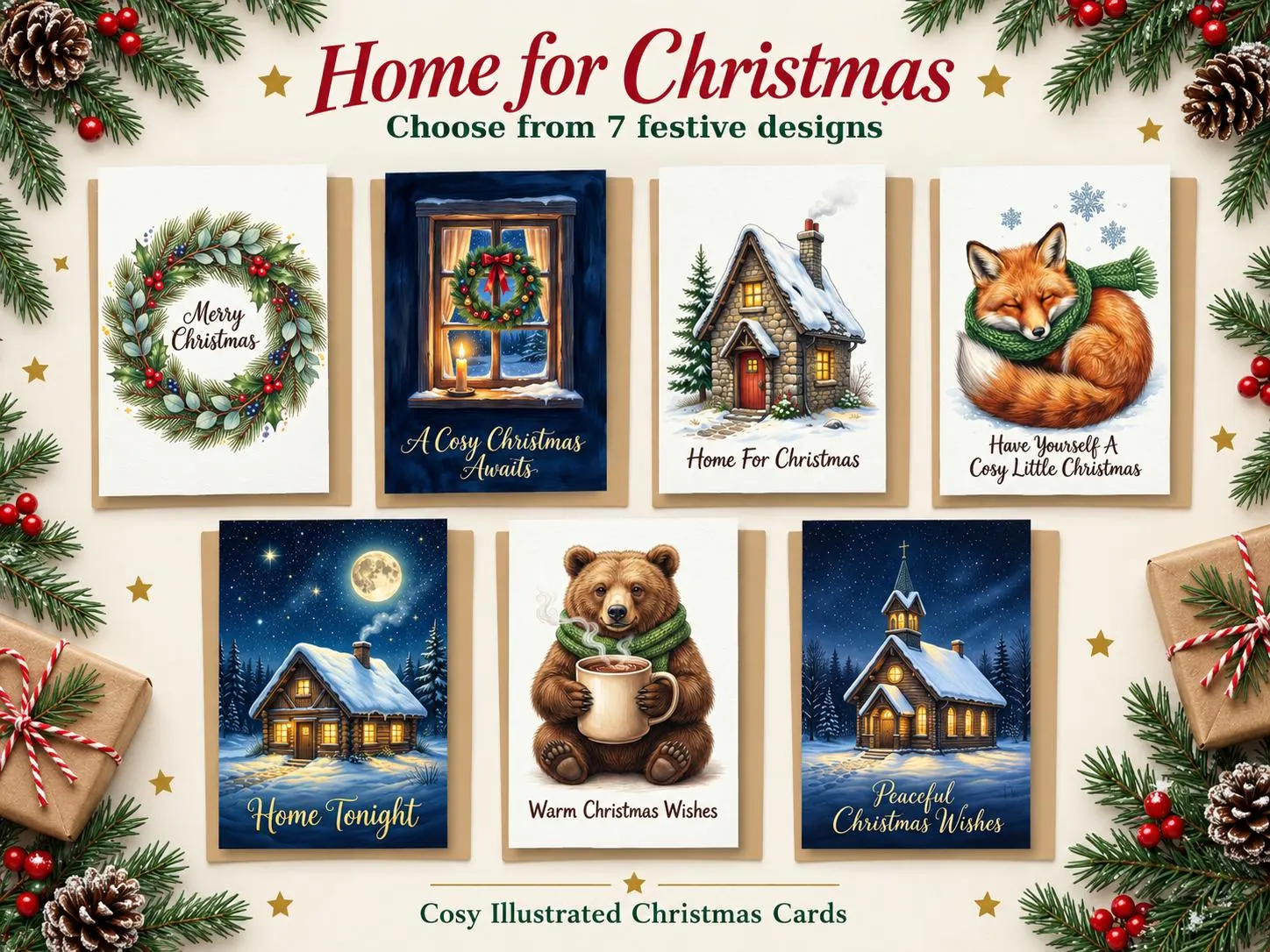 Home for Christmas Collection, Christmas Cards, Cottage Wreath, Fox, Bear, Traditional Greeting (7 Designs)