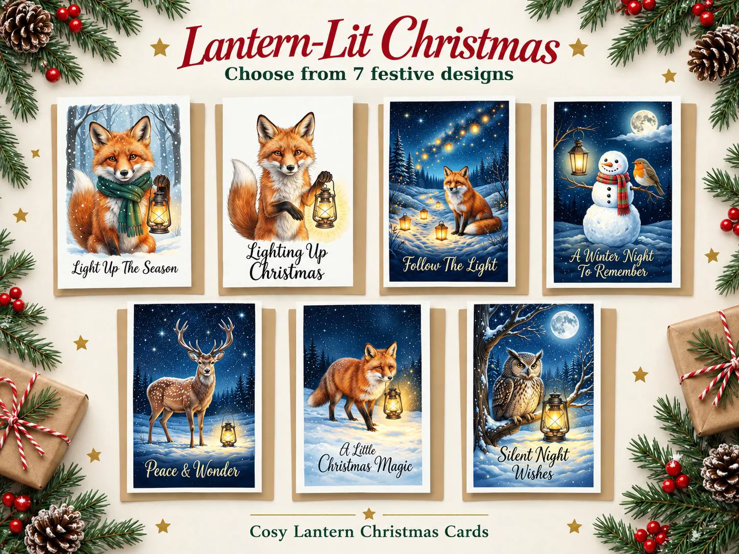 Lantern-Lit Christmas Cards, Woodland Animals, Snowy Scenes (7 Designs)