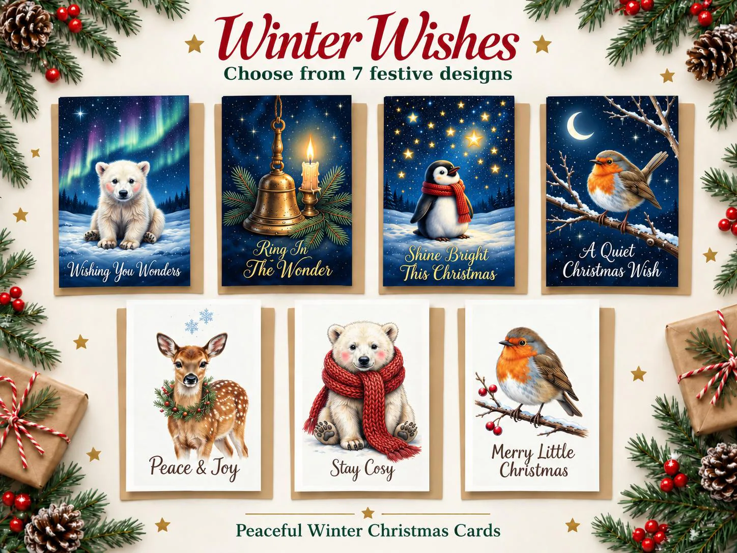 Winter Wishes Christmas Cards – Polar Bear, Penguin, Robin, Fawn Designs (7 Options)