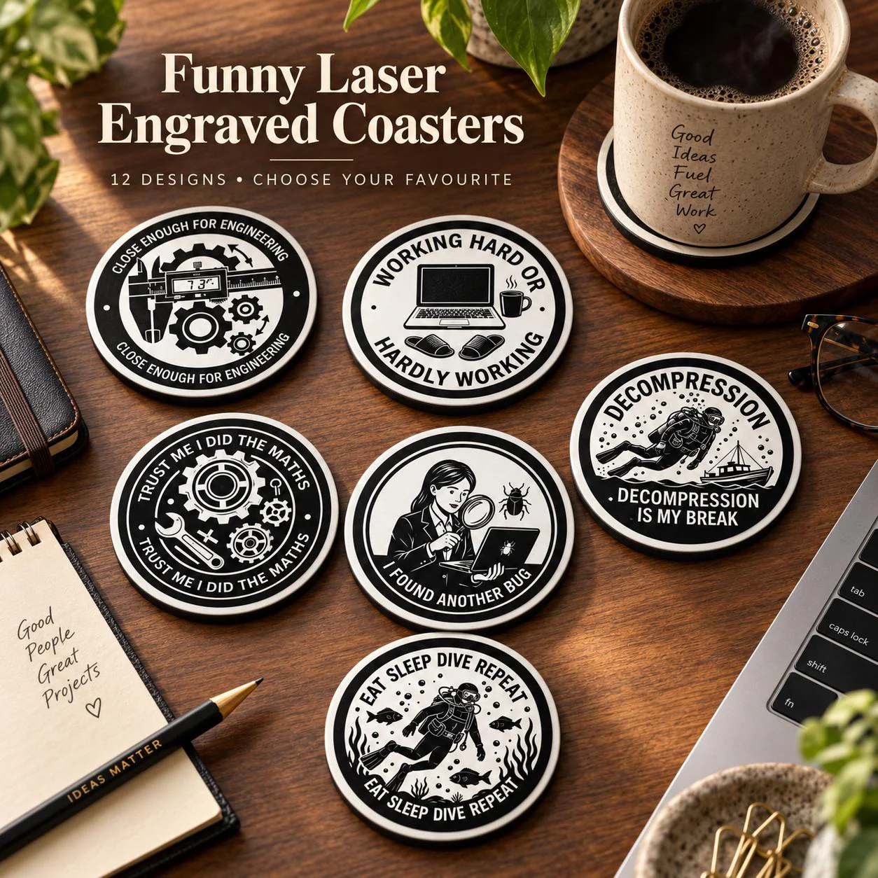 Funny Laser Engraved Coaster, Engineer, Software Tester, Scuba Diver Gift (100mm)