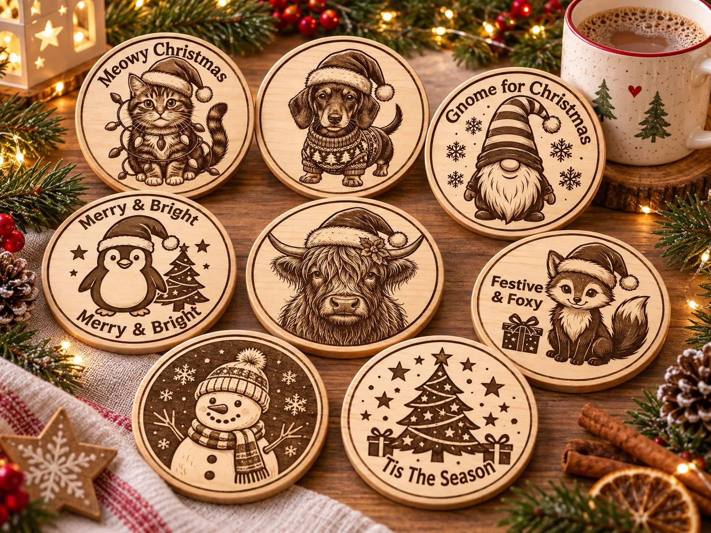 Laser Engraved Wooden Christmas Coaster, 100mm Round, Festive Animal Designs