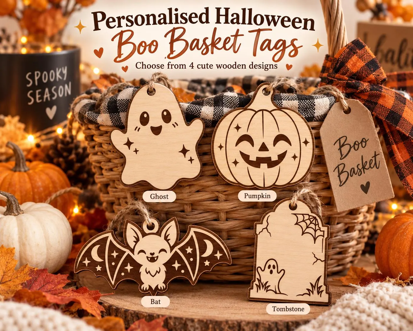 Personalised Wooden Halloween Name Tag – Ghost, Pumpkin, Bat or Tombstone