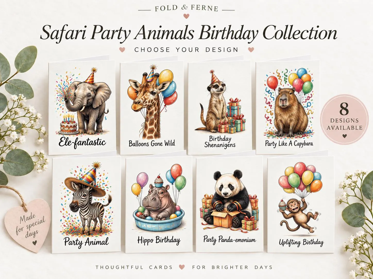 Safari Animal Birthday Cards, Funny Elephant Giraffe Meerkat Capybara Zebra Hippo Panda Monkey Card