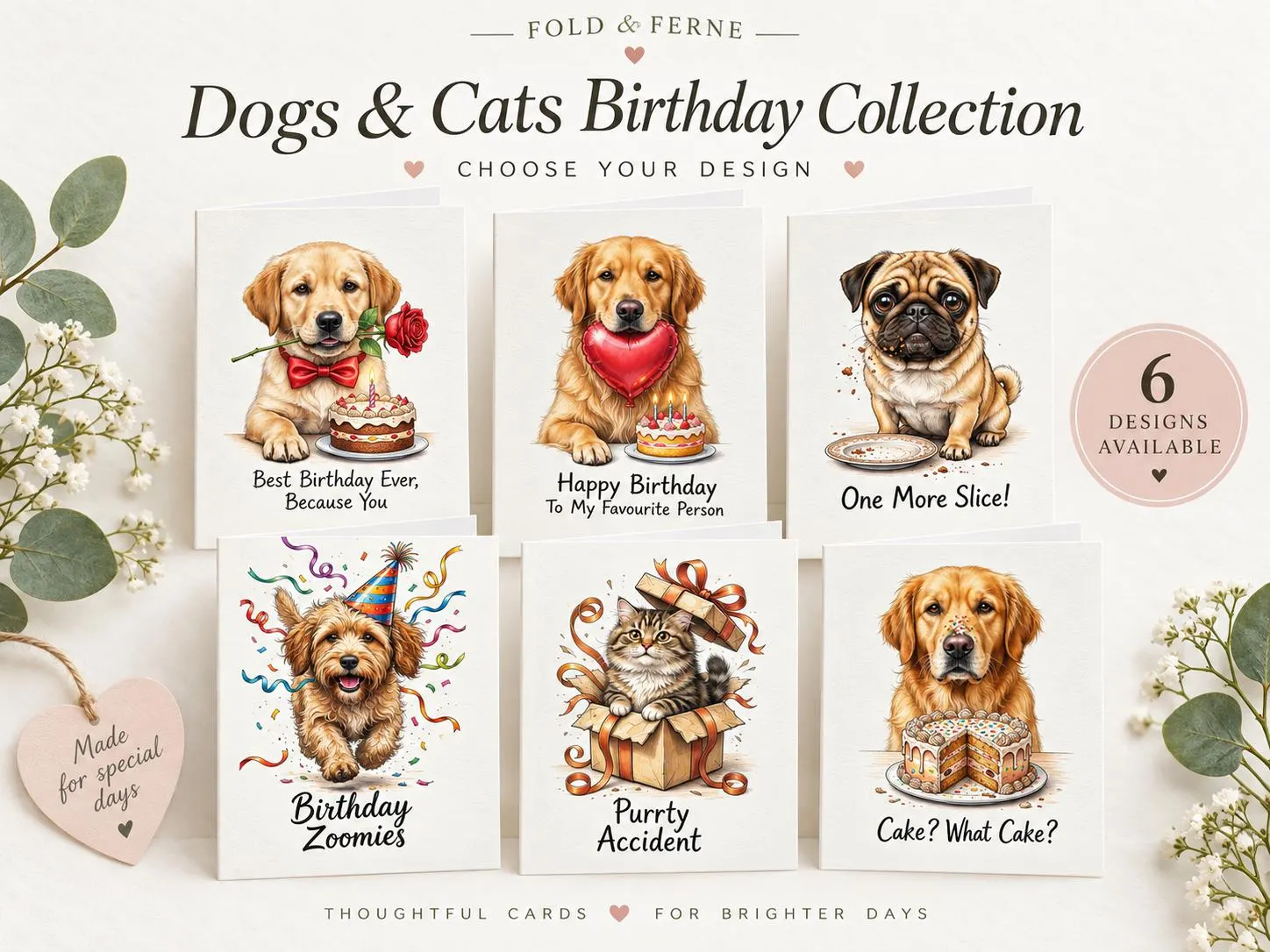 Dog Cat Birthday Cards, Pet Lover Greeting Cards (A6 Folded)