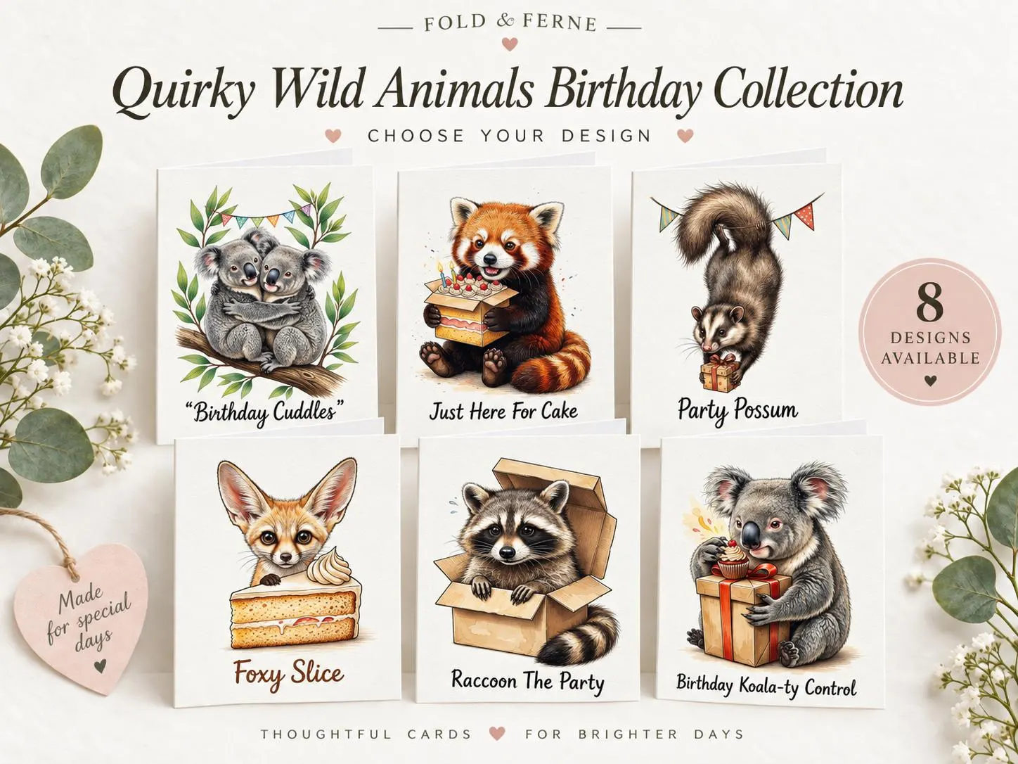 Wild Animal Birthday Cards, Funny Koala Red Panda Possum Raccoon T-Rex Sloth Card