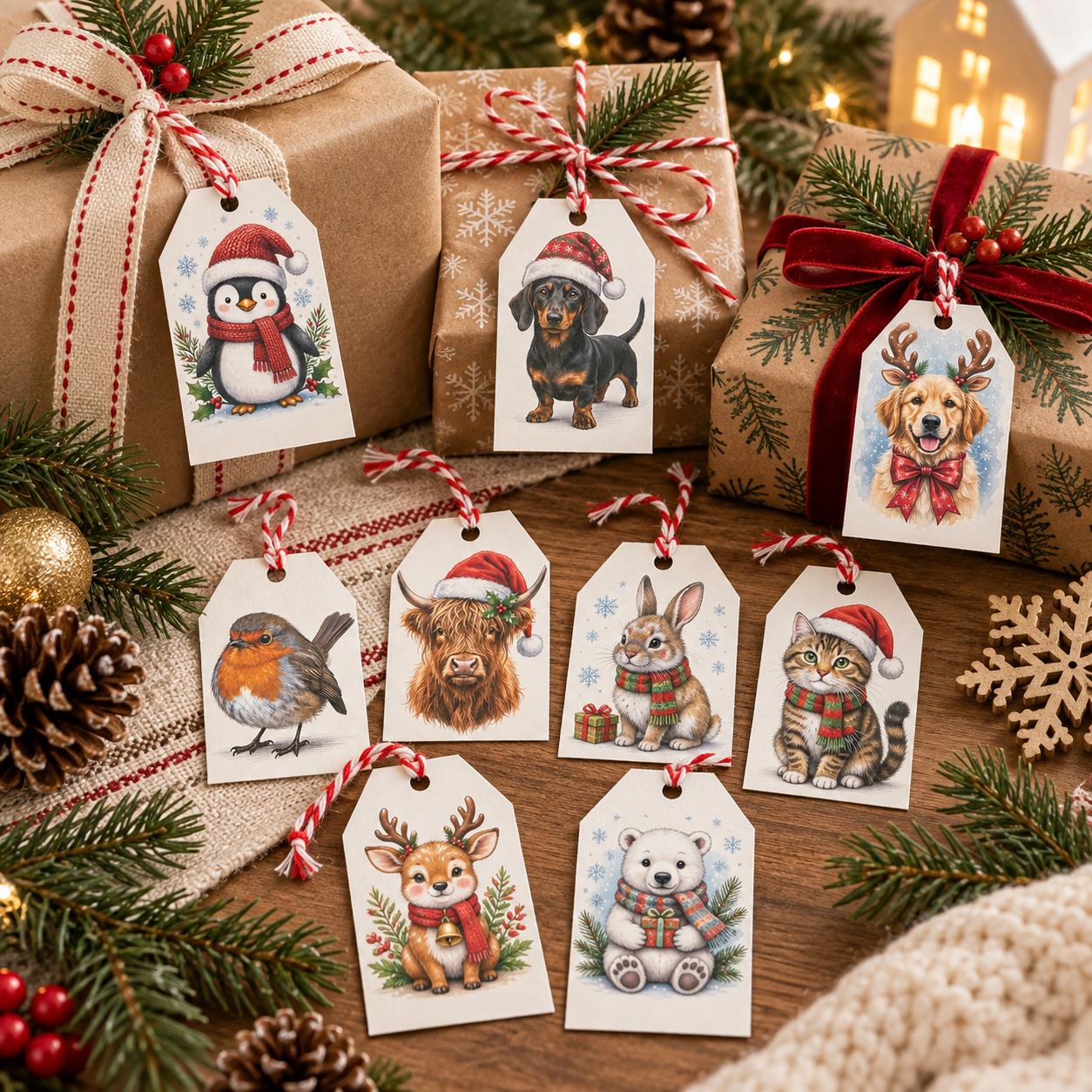 Festive Animal Christmas Gift Tags – Penguin, Dog, Cat, Reindeer (Pack of 10)