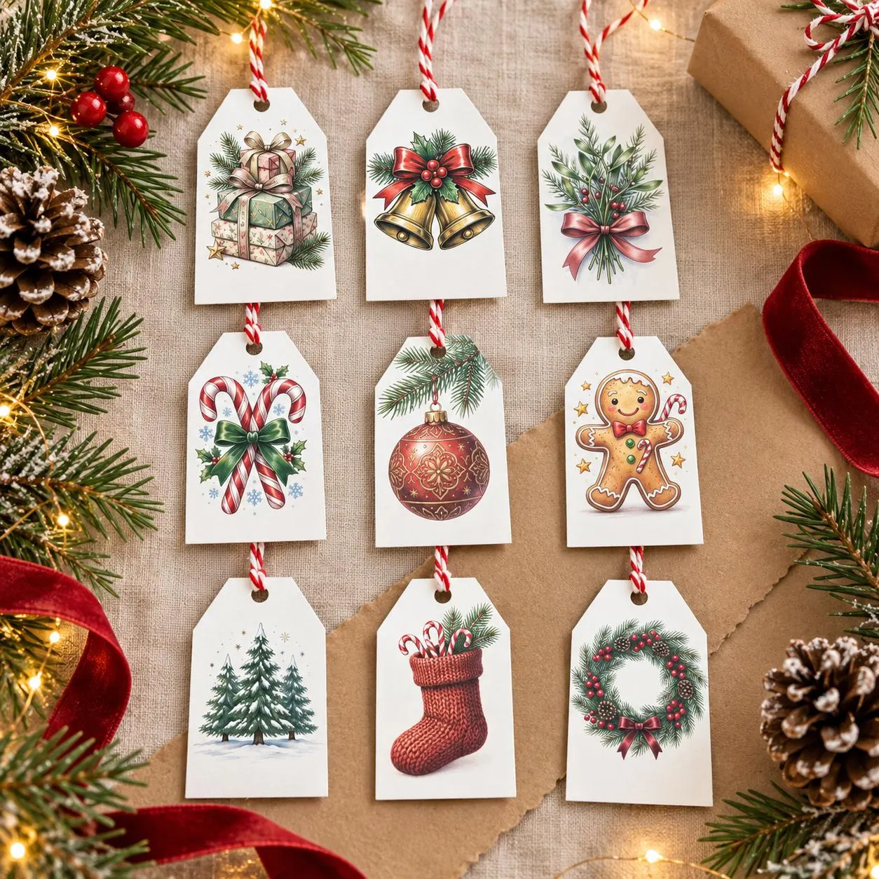 Traditional Christmas Gift Tags – Festive Designs with Twine (Pack of 10)