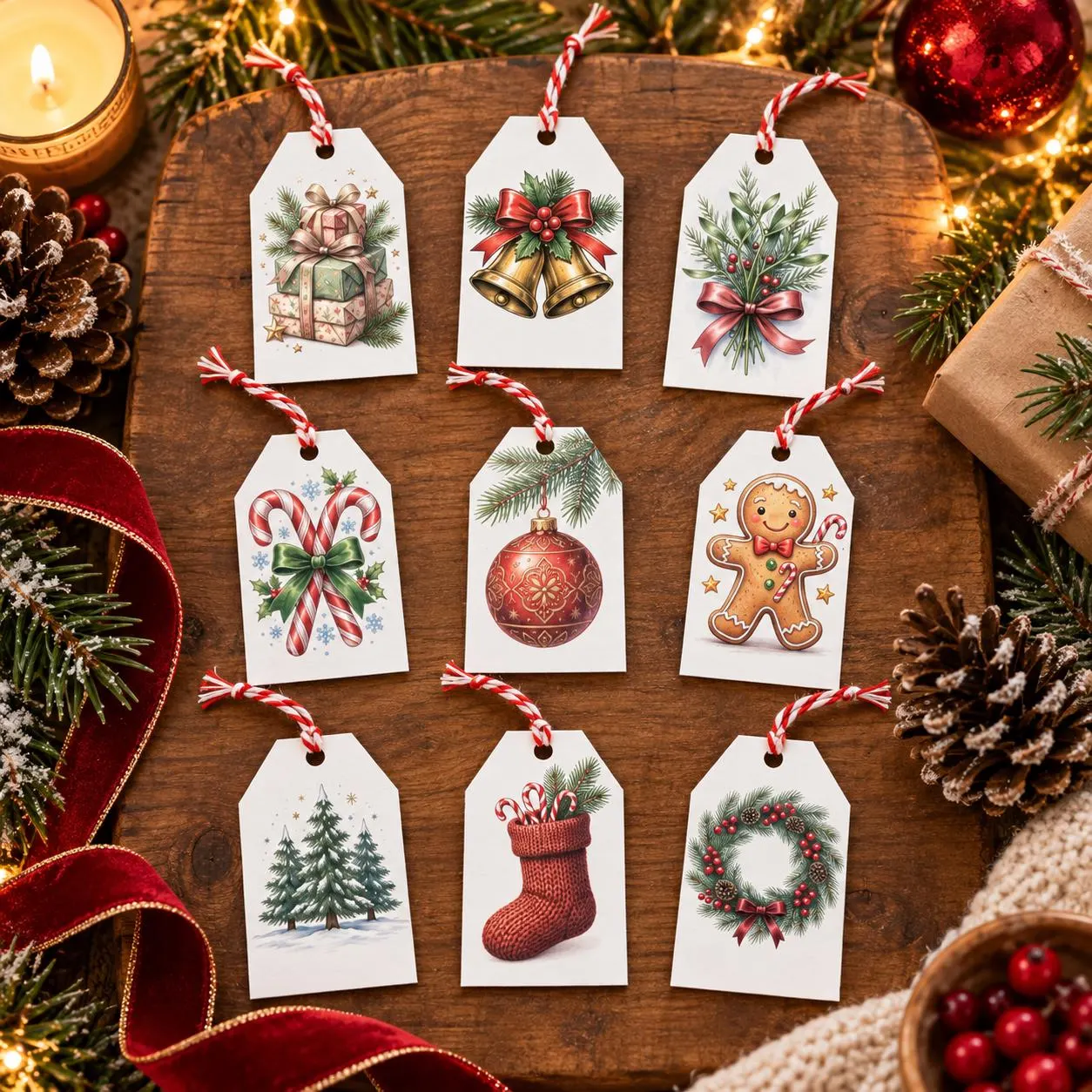 Traditional Christmas Gift Tags – Festive Designs with Twine (Pack of 10)