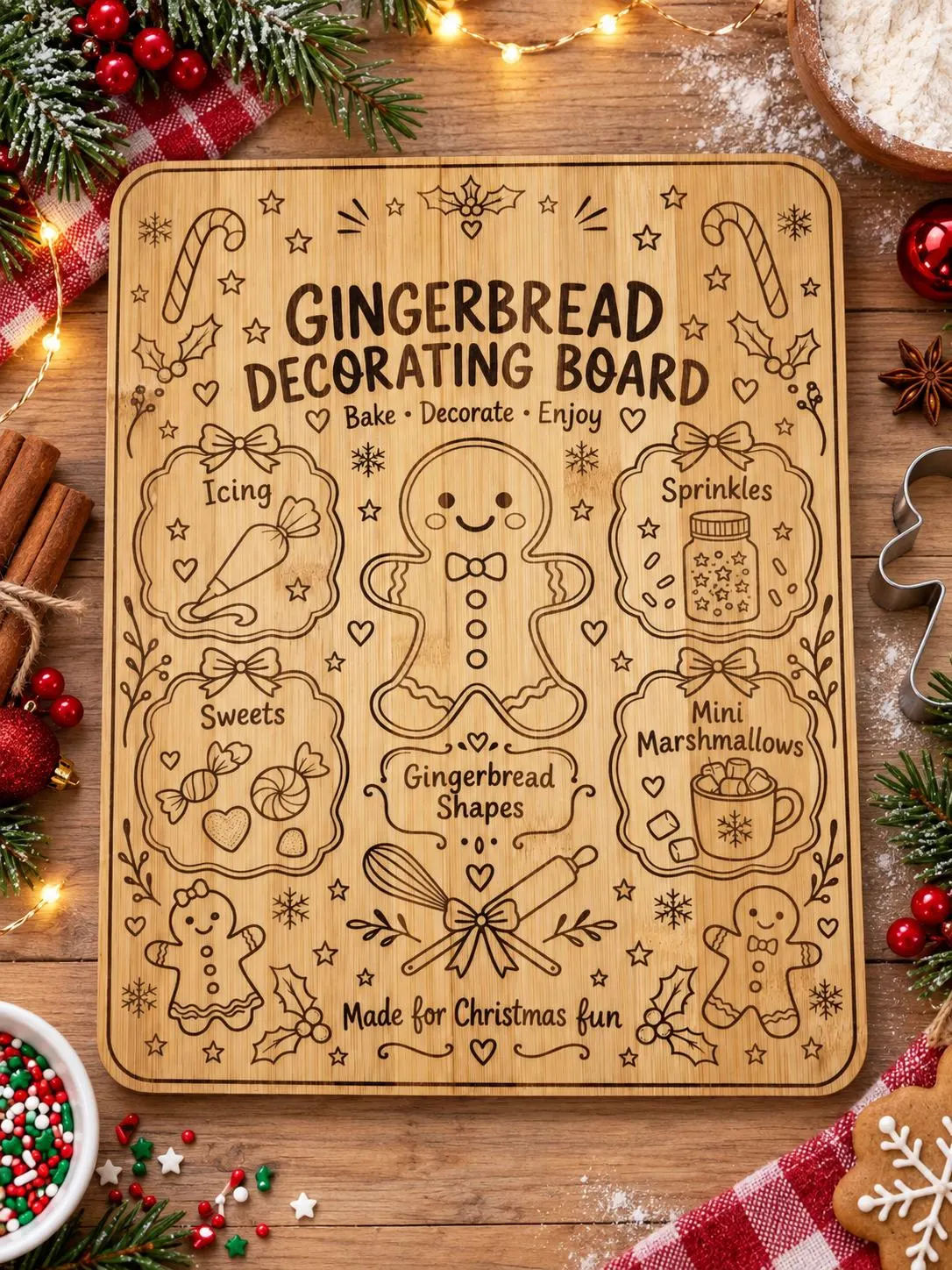 Engraved bamboo gingerbread decorating board