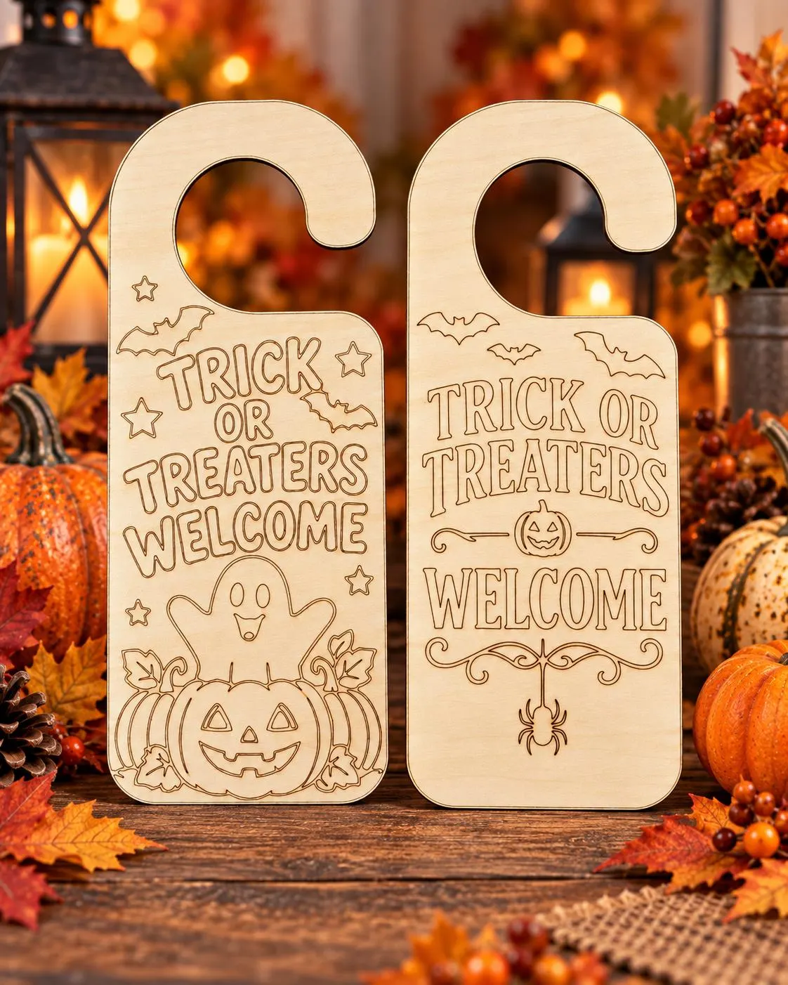 Halloween Trick or Treaters Welcome Door Hanger | Wooden Halloween Door Decoration | Colour Your Own Engraved Sign