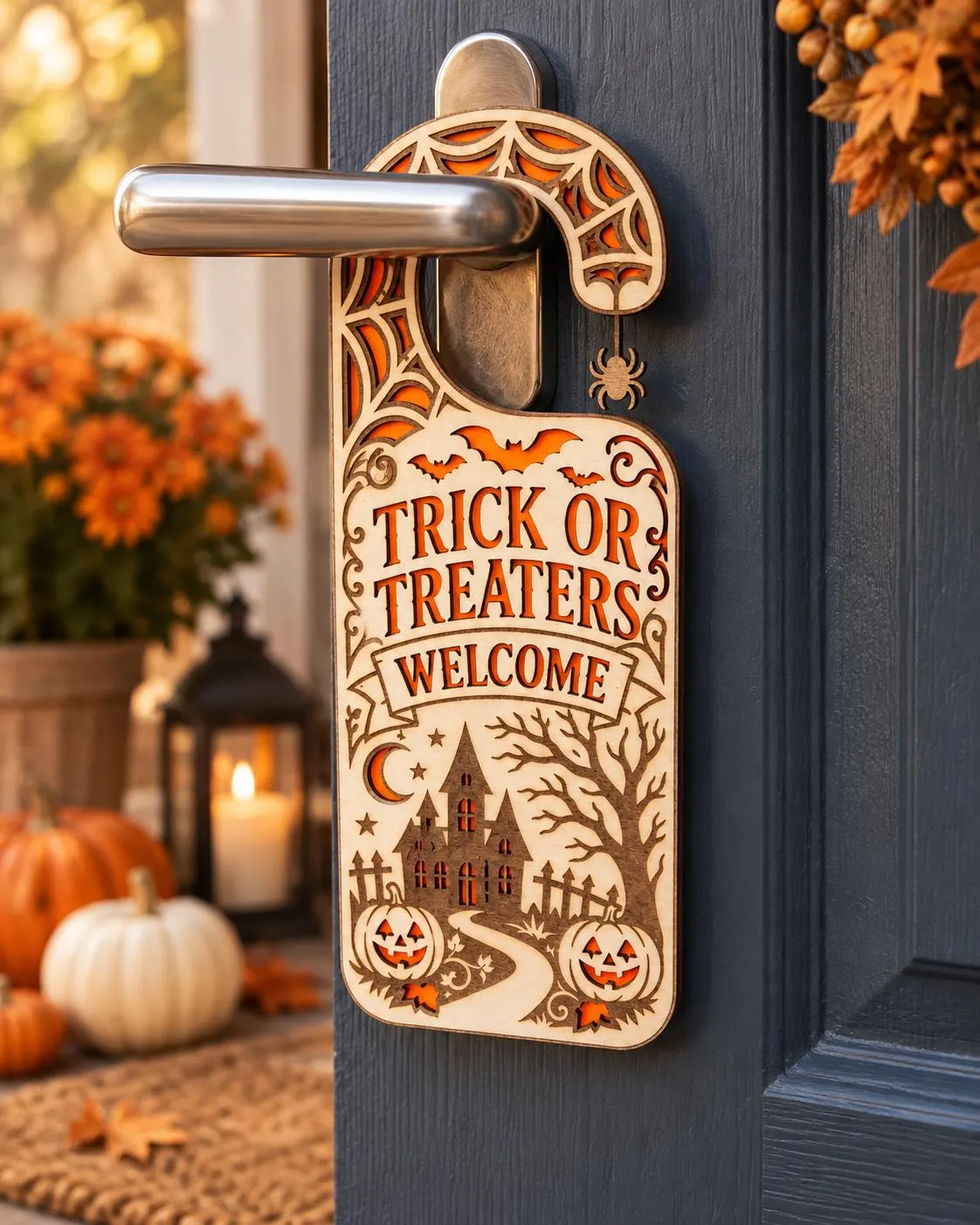 Halloween Door Hanger | Trick or Treaters Welcome Wooden Sign | Haunted House Spiderweb Door Decoration