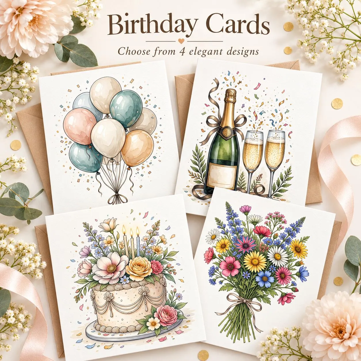 Birthday Card – Watercolour Balloons, Wildflowers, Floral Cake or Champagne | Elegant A6 Greeting Card | Blank Inside