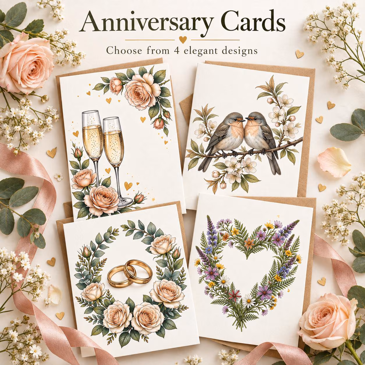 Anniversary Card – Lovebirds, Champagne, Rings or Wildflower Heart | Elegant A6 Greeting Card | Blank Inside