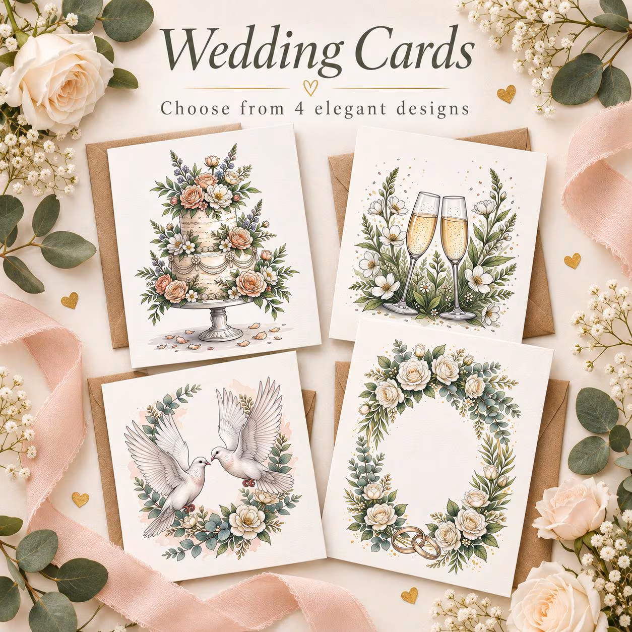 Wedding Card – Floral Cake, Champagne, Doves or Floral Arch | Elegant A6 Greeting Card | Blank Inside