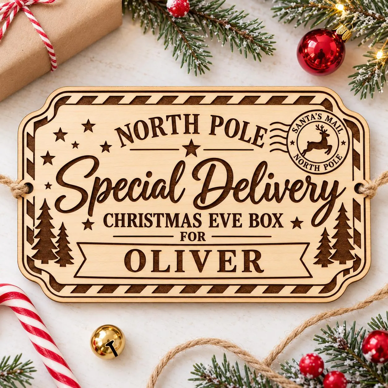 Personalised Christmas Eve Box Plaque | North Pole Special Delivery Wooden Name Sign | Santa Christmas Box Tag